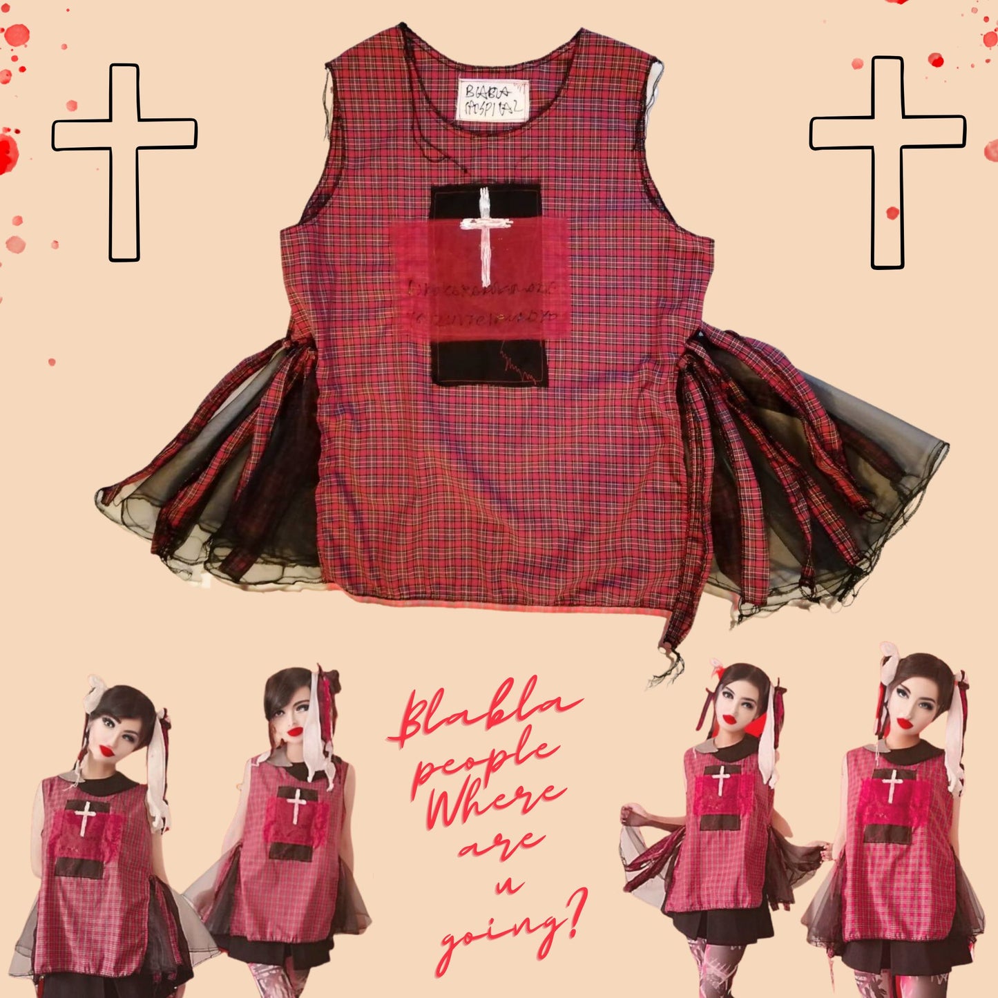 NEW東京パンクファッション プルオーバー スリーブレストップス 赤チェック