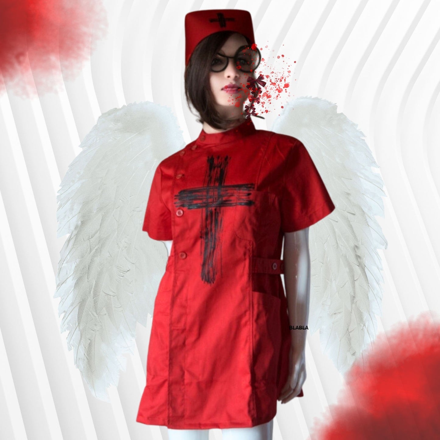 Red Gothic Nurse Dress Black Cross Punk  Paint!　