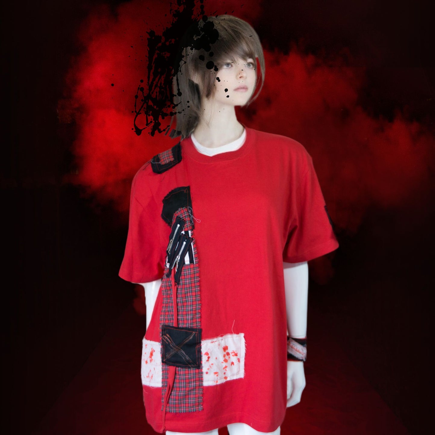 赤チェックパンク!レッドTシャツ オーバーサイズ