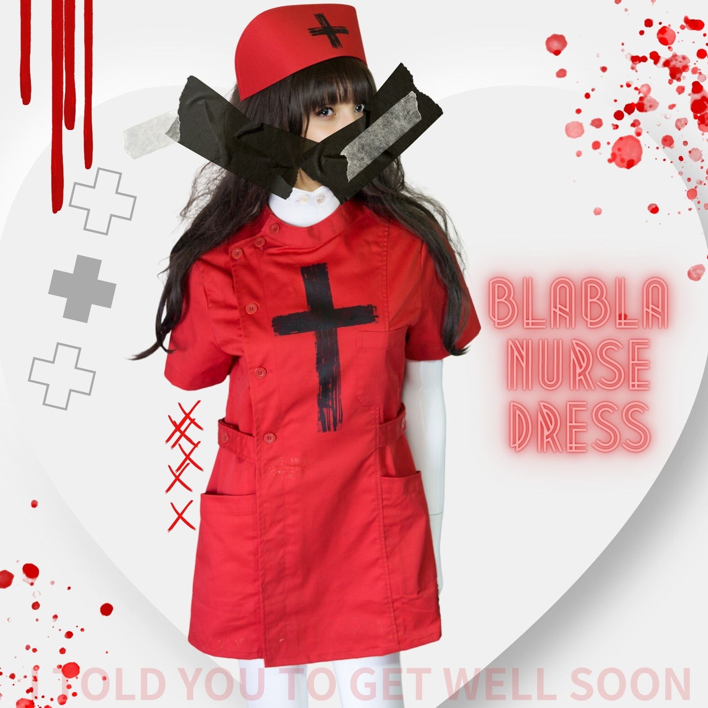 NEW! Red Gothic Nurse Dress Black Cross Punk Paint!