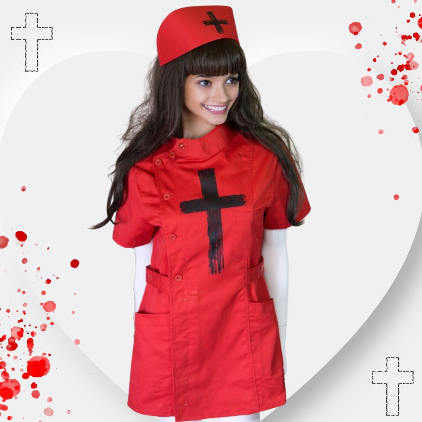 NEW! Red Gothic Nurse Dress Black Cross Punk Paint!