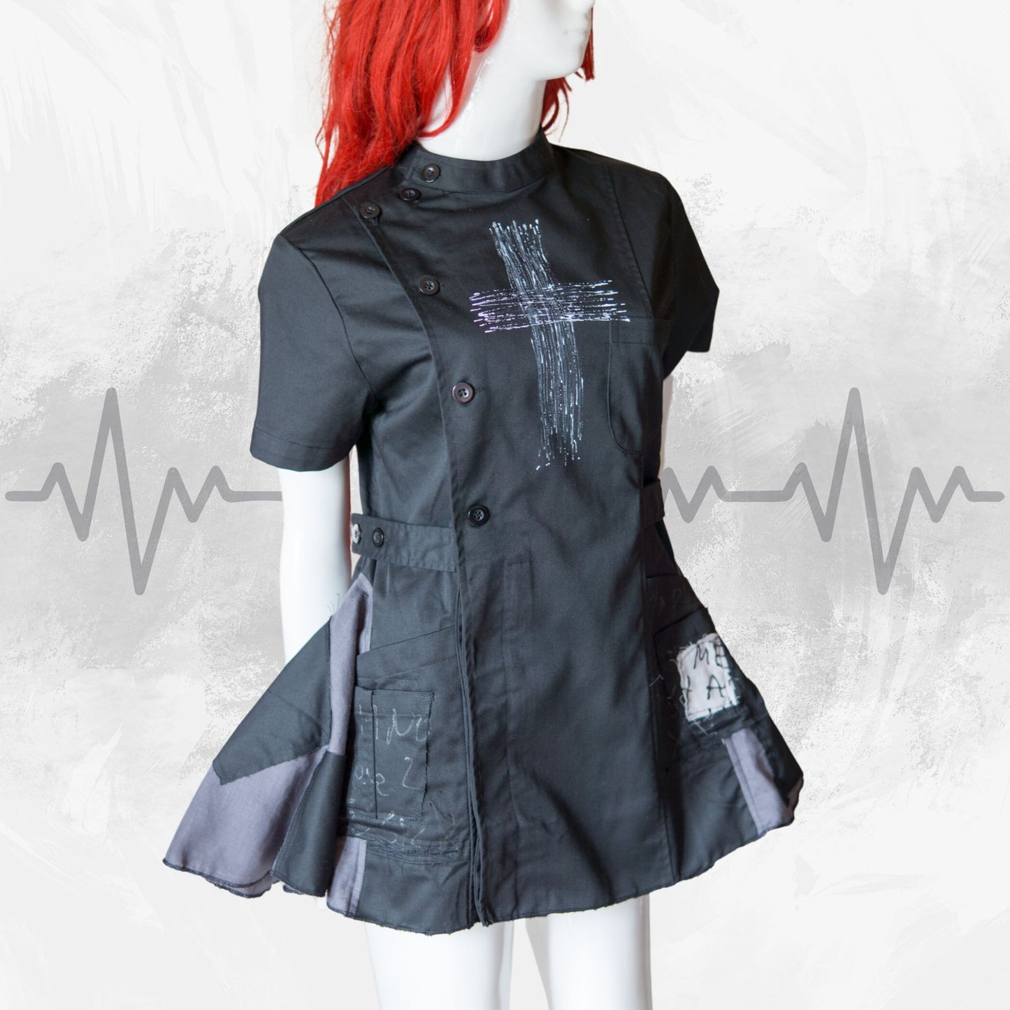 NEW! Black Gothic Fashion Nurse Dress White Cross Paint Design