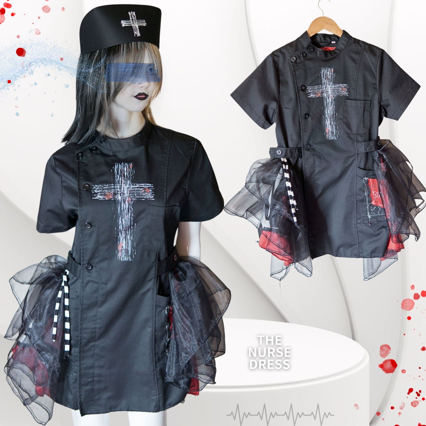 NEW! Black Gothic Punk Nurse Dress White Cross Paint