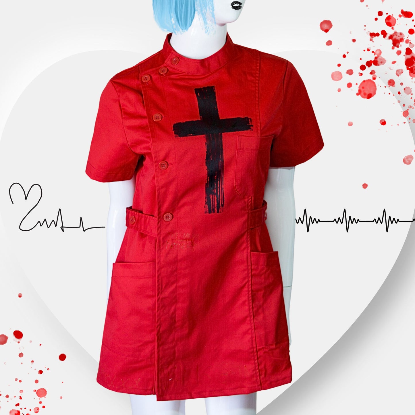 NEW! Red Gothic Nurse Dress Black Cross Punk Paint!