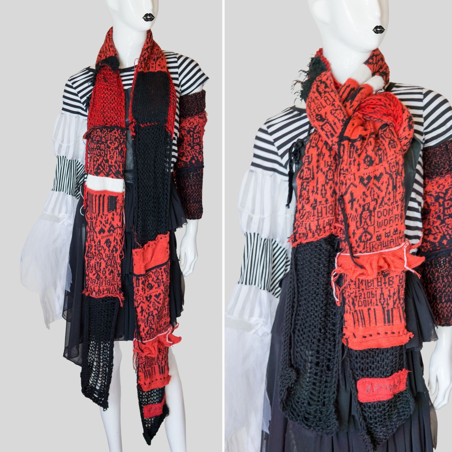 Tokyo Punk Knit Handmade Black and Red Punk Scarf  【275cm】