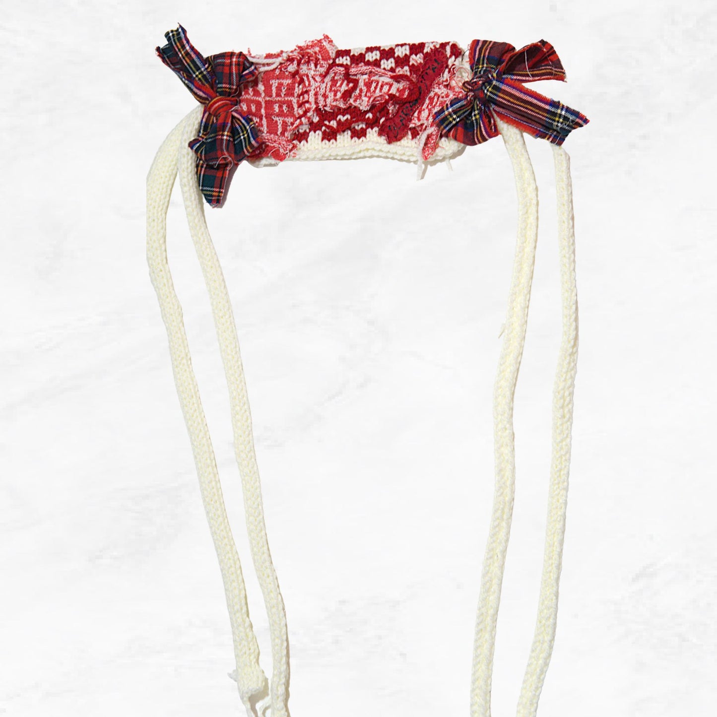 Tokyo Punk J-fashion  Lolita  Headdress Handmade Red and White Knit x Tartan Handmade 　