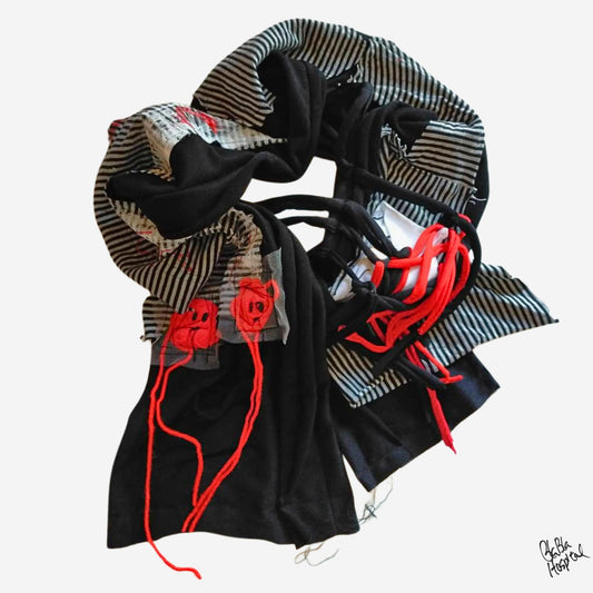 Face No.004 | Fabric Art グレーｘブラックしましまデザイン– 黒スカーフ