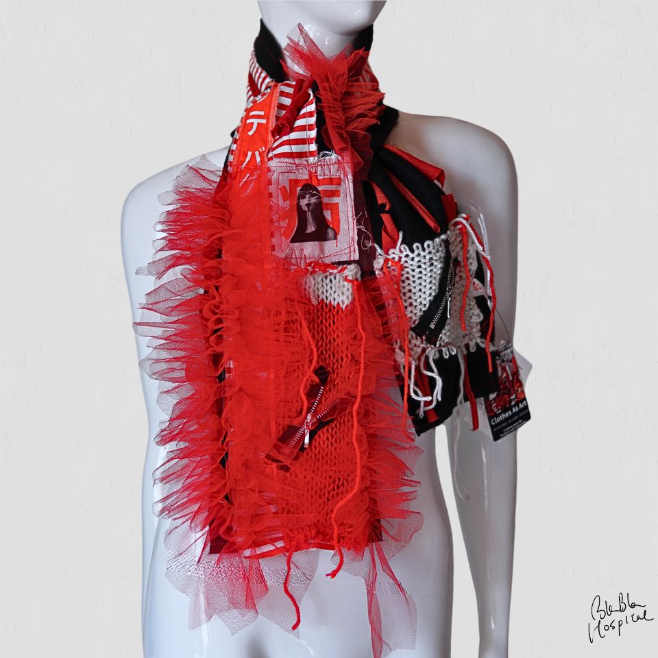 Red and White Stripes with Improvisational Frills Design Scarf