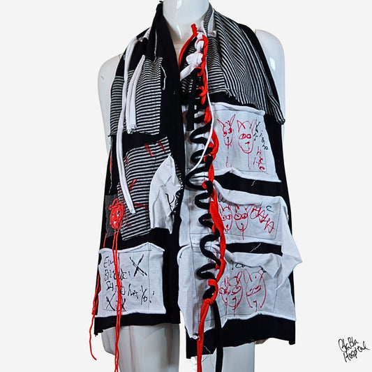 Face No.005 | Fabric Art  グレイｘ黒デザイン-黒スカーフ