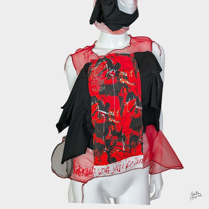 Red Air – No.02 | Sheer Organza Top with Art-Printed Patch – Layering Piece