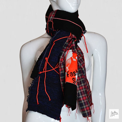 Knit Patch and Navy Tartan Check Desgin Handmade Scarf