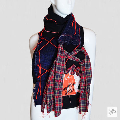 Knit Patch and Navy Tartan Check Desgin Handmade Scarf