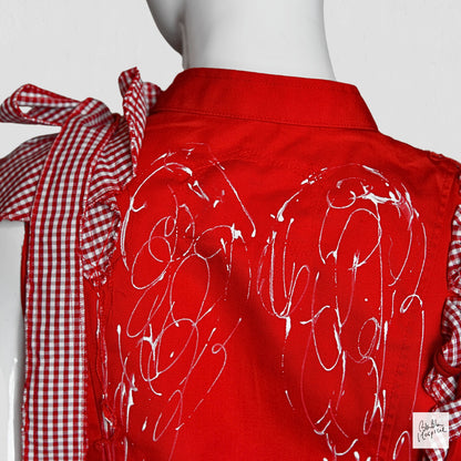 Original Knit Patch and Gingham Check Design Red Sleeveless Top