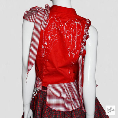 Original Knit Patch and Gingham Check Design Red Sleeveless Top