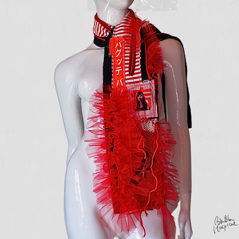 Red and White Stripes with Improvisational Frills Design Scarf