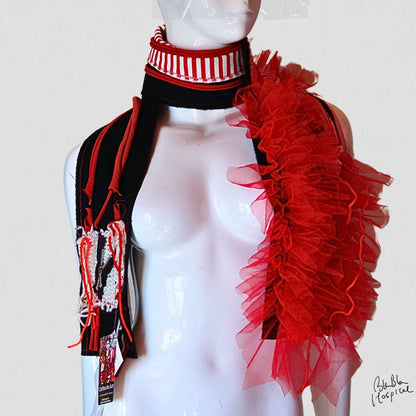 Red and White Stripes with Improvisational Frills Design Scarf