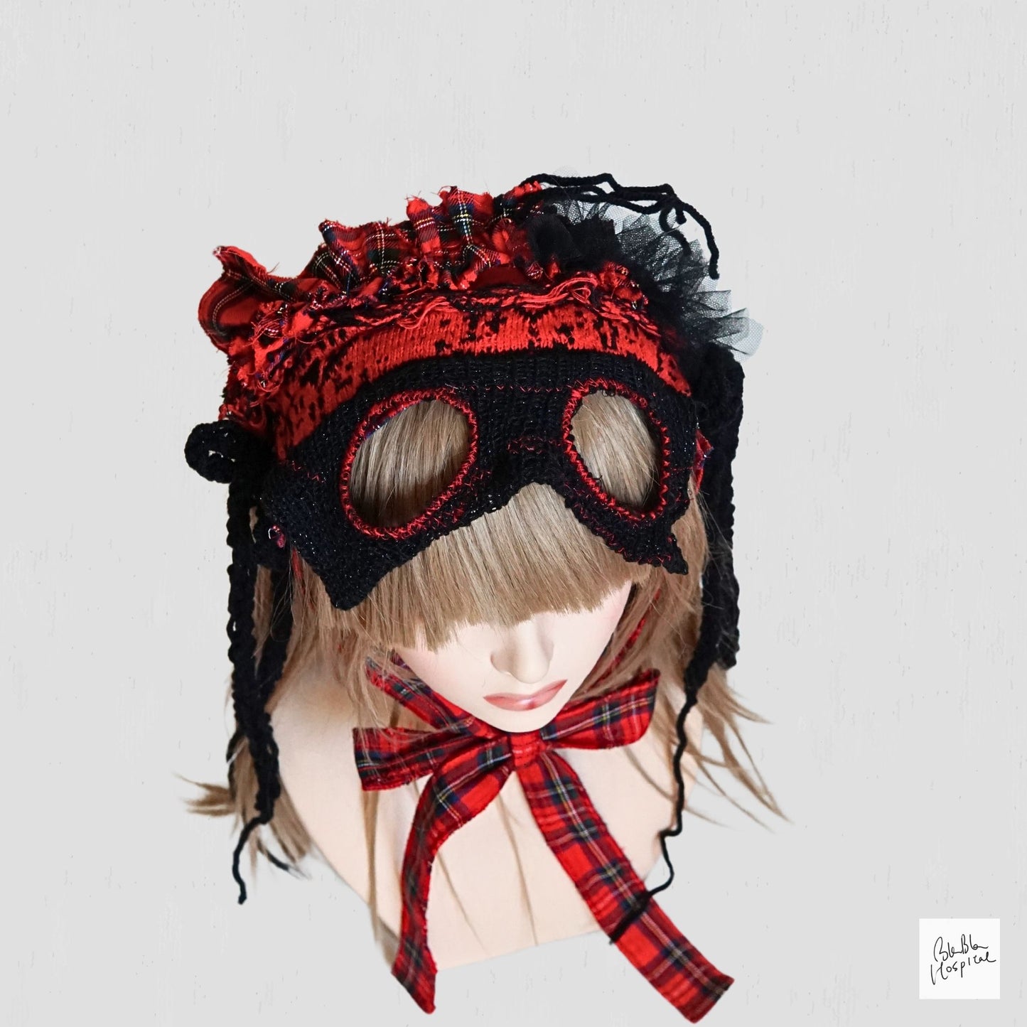 Red Tartan & Knit Headdress