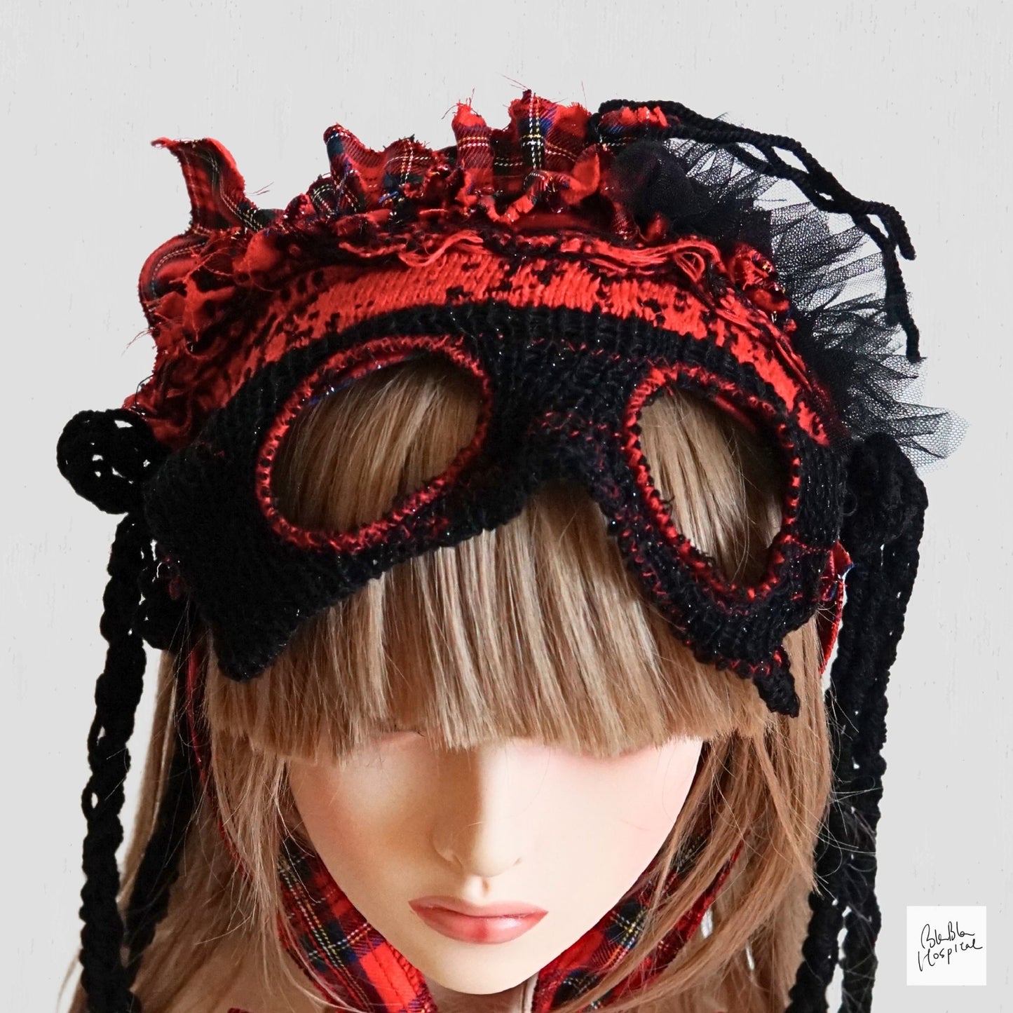 Red Tartan & Knit Headdress