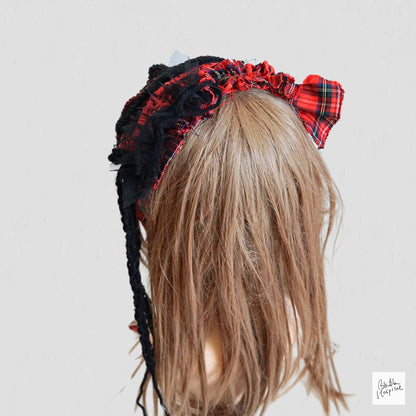 Red Tartan & Knit Headdress