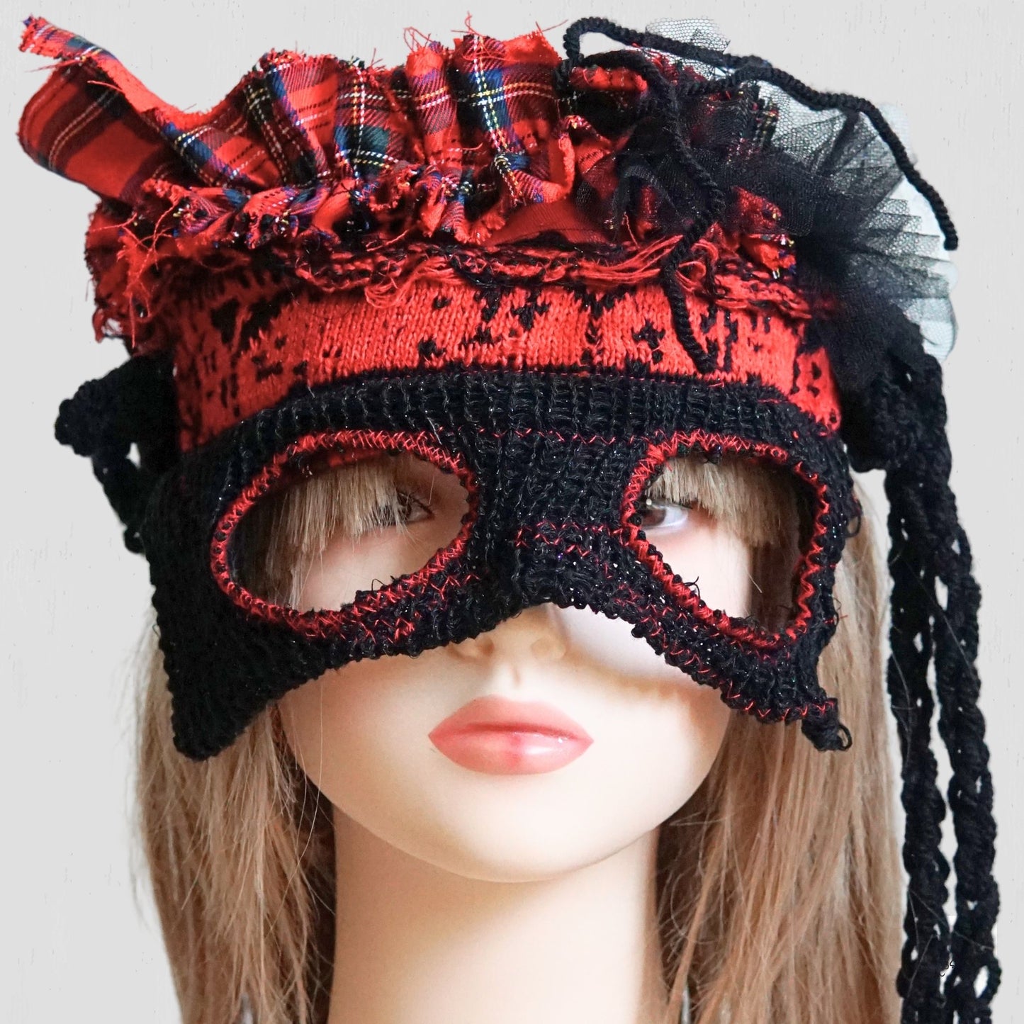 Red Tartan & Knit Headdress