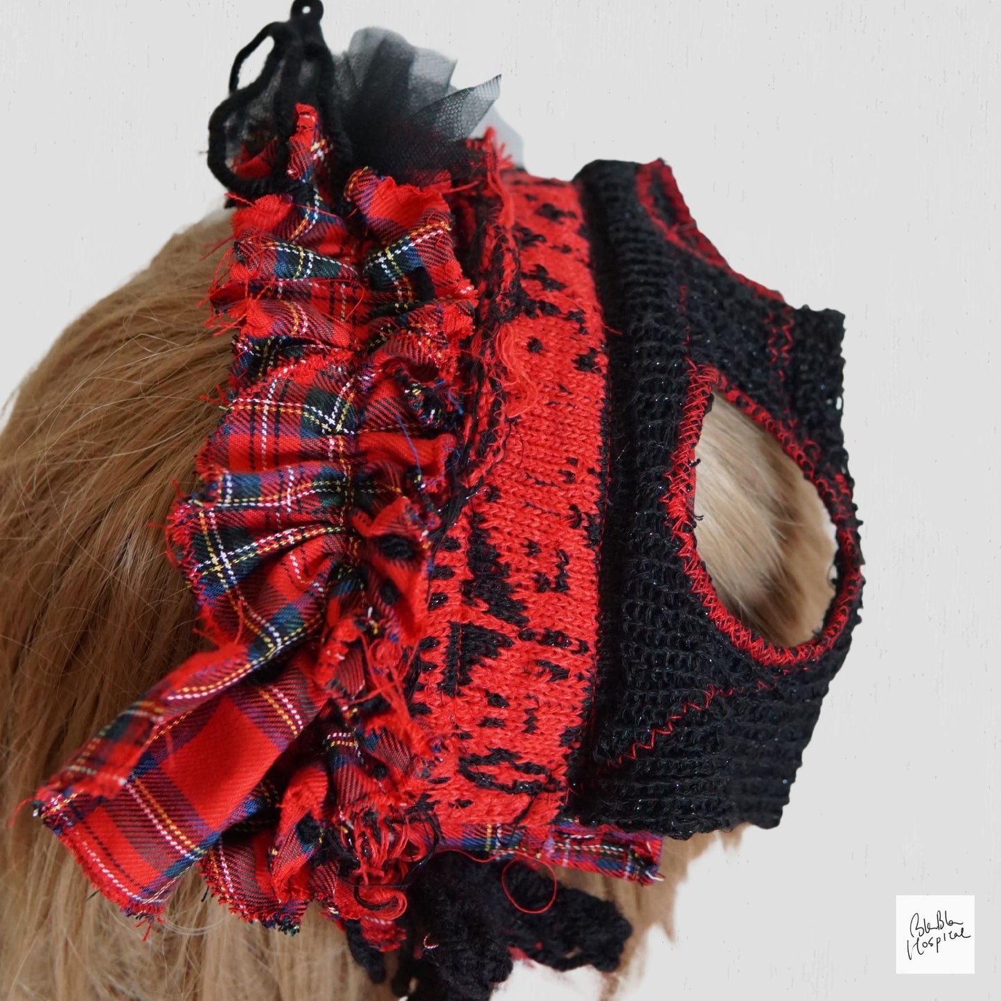 Red Tartan & Knit Headdress