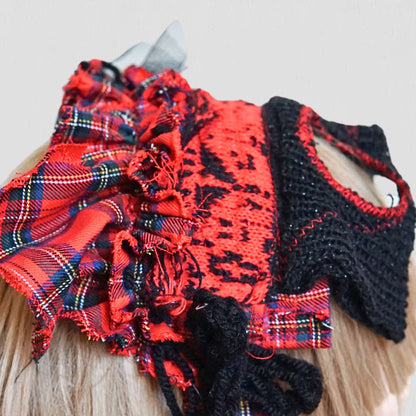 Red Tartan & Knit Headdress