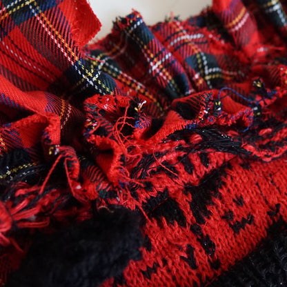 Red Tartan & Knit Headdress