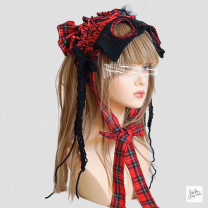 Red Tartan & Knit Headdress