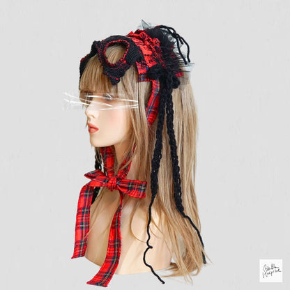 Red Tartan & Knit Headdress