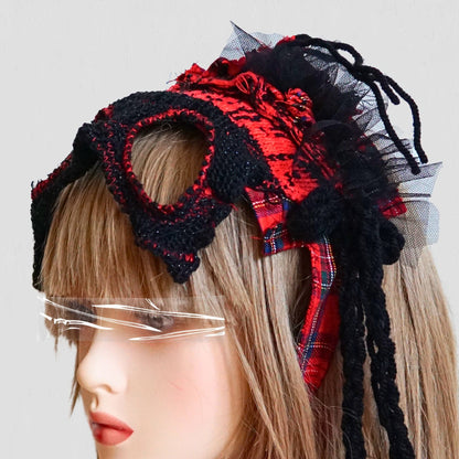 Red Tartan & Knit Headdress