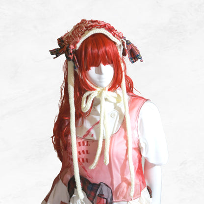 Tokyo Punk J-fashion  Lolita  Headdress Handmade Red and White Knit x Tartan Handmade 　