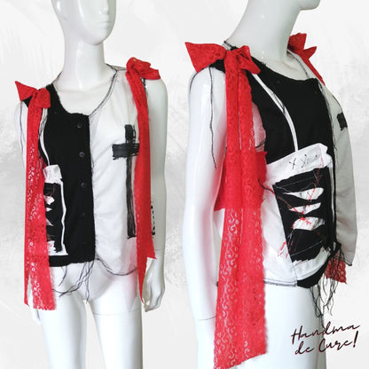 Black and White Design Front  Open  Sleeveless  Handmade Top Vest