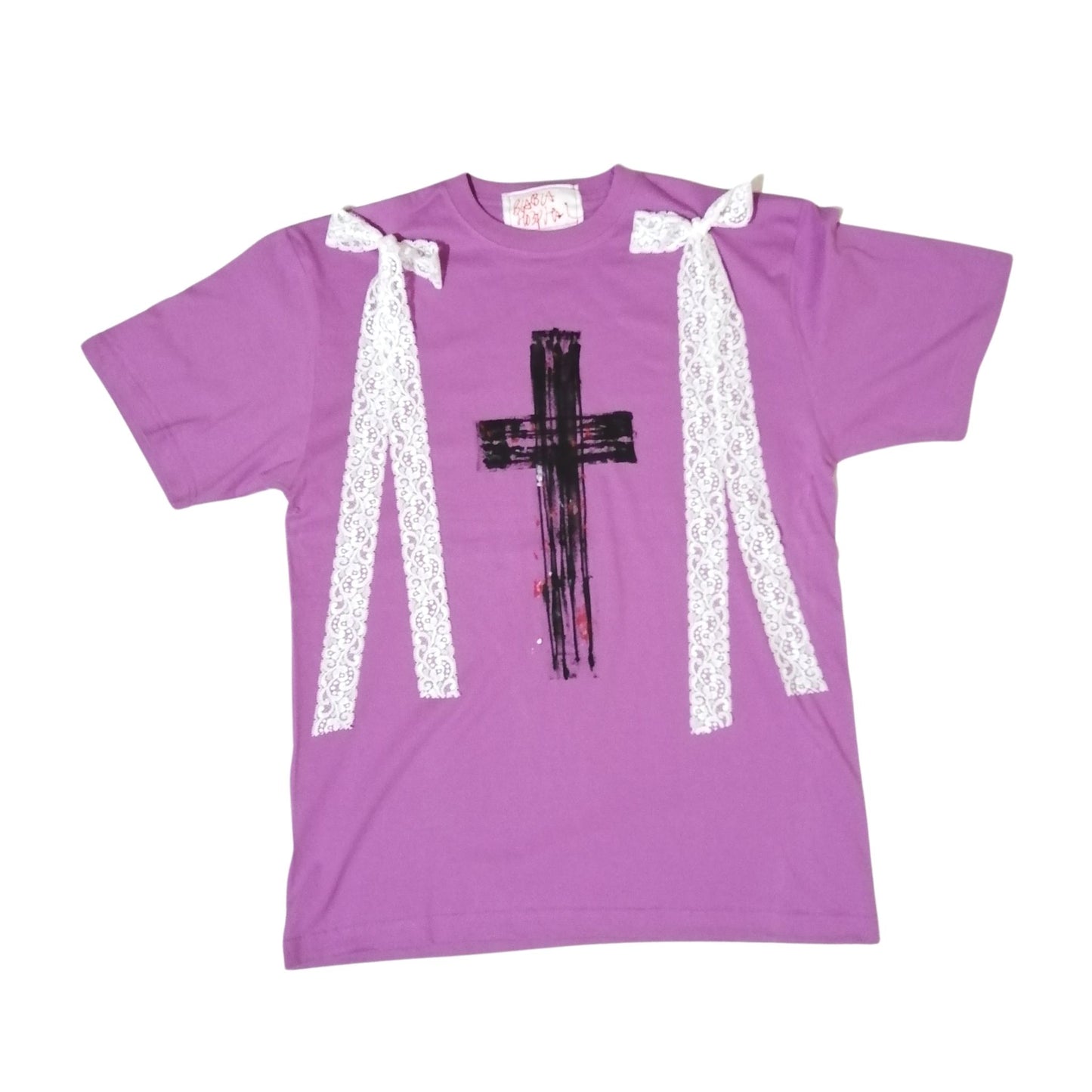 White Lace Ribbon x  Cross paint  Light Purple T-shirt　